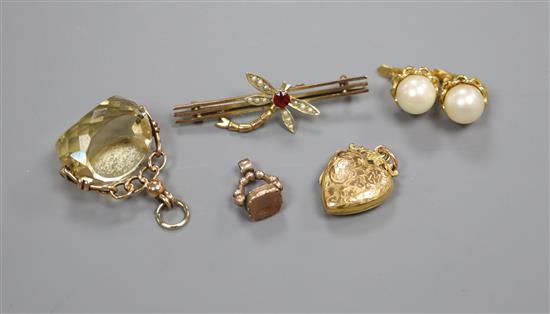 A pair of 750 yellow metal and cultured pearl earrings and four other items including two fob seals and a bug brooch.